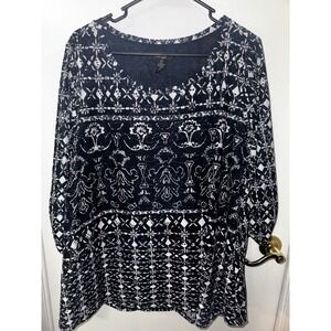 Style &‎ Co Women's 2X Blue White Patterned 3/4 Sleeve Tunic Top